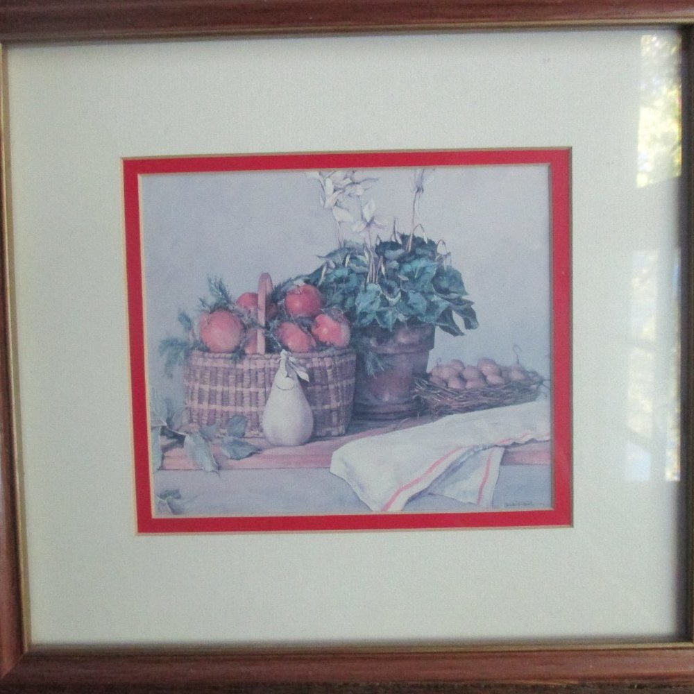 Vintage Framed Print basket of apples and vegetables still life